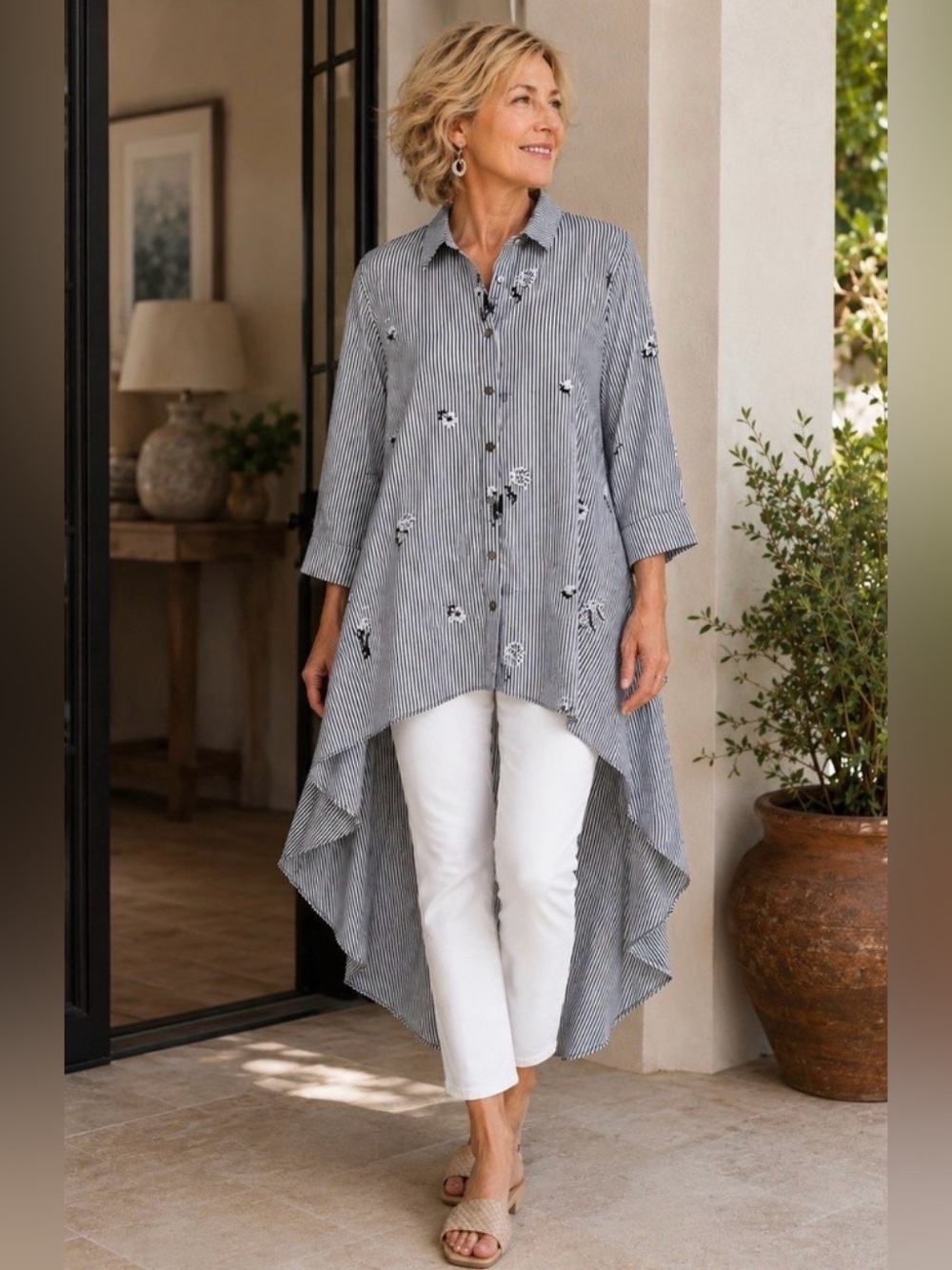 PATRIZIA LUCA Milano Embroidered Tunic High Low Striped Navy Lagenlook S